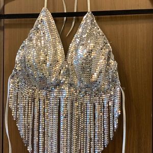 Glamorous SILVER sequinned halter top